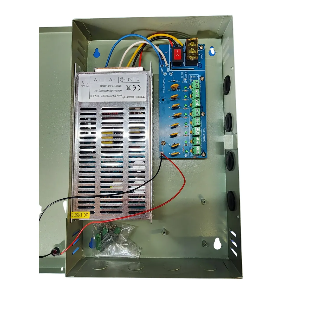 Techson Power Supply tápegység falra szerelhető zárható fémdobozos 12 V DC 10 A 8 pár kimeneti sorkapocs 20,5x31,5x5,3cm zöld #2