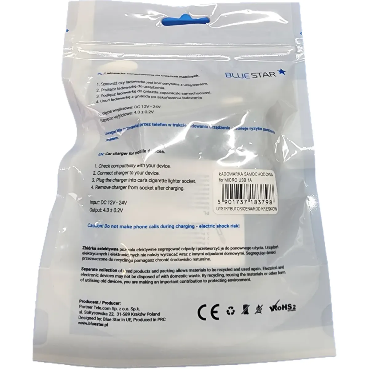 Blue Star 1A microUSB autós szivargyújtó töltő spirál kábellel #2