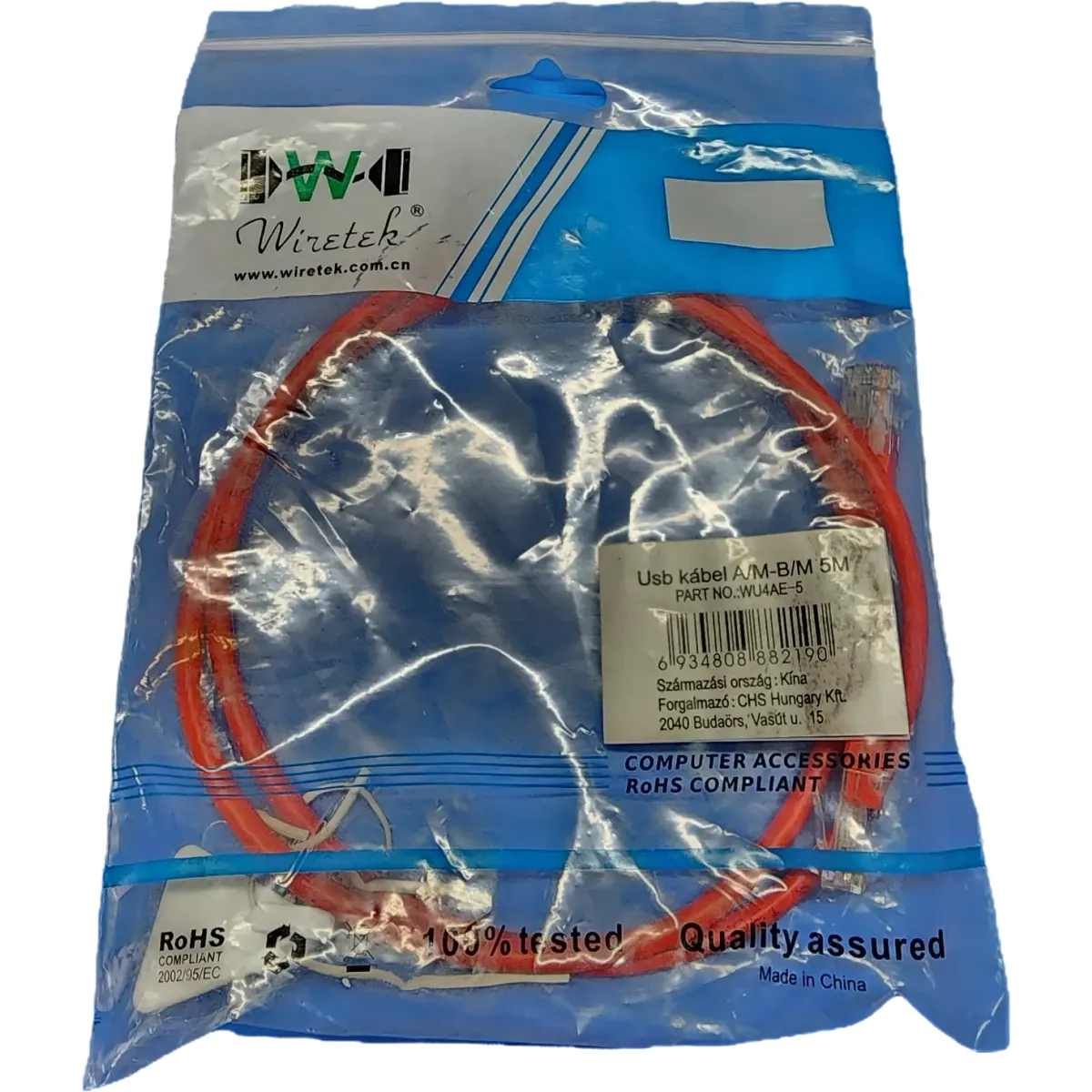 WIRETEK kábel USB Összekötő A-B 5m Male/Male piros #1